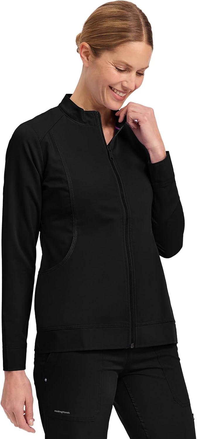 imageHealing Hands Womens Scrub Jacket ZipUp Front with 2Way Stretch Comfort amp Big Kangaroo Pockets 5038Black
