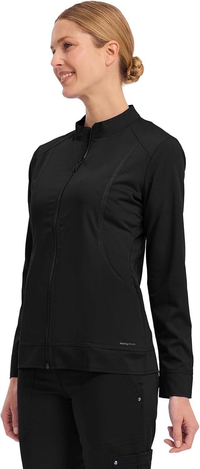 imageHealing Hands Womens Scrub Jacket ZipUp Front with 2Way Stretch Comfort amp Big Kangaroo Pockets 5038Black