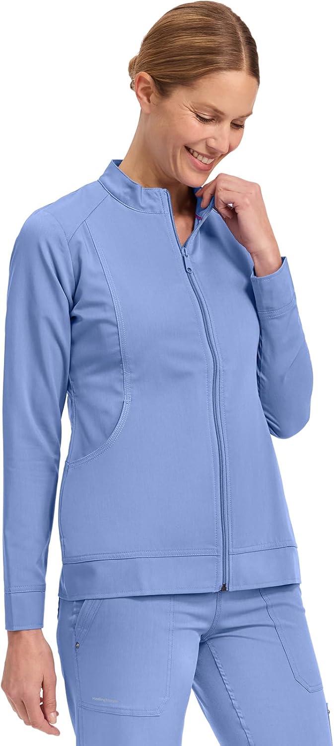 imageHealing Hands Womens Scrub Jacket ZipUp Front with 2Way Stretch Comfort amp Big Kangaroo Pockets 5038Ceil