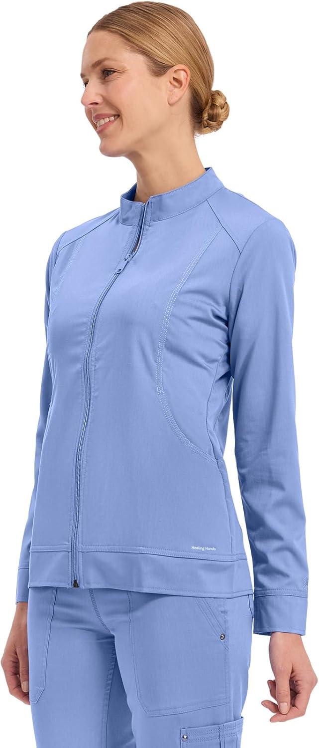 imageHealing Hands Womens Scrub Jacket ZipUp Front with 2Way Stretch Comfort amp Big Kangaroo Pockets 5038Ceil