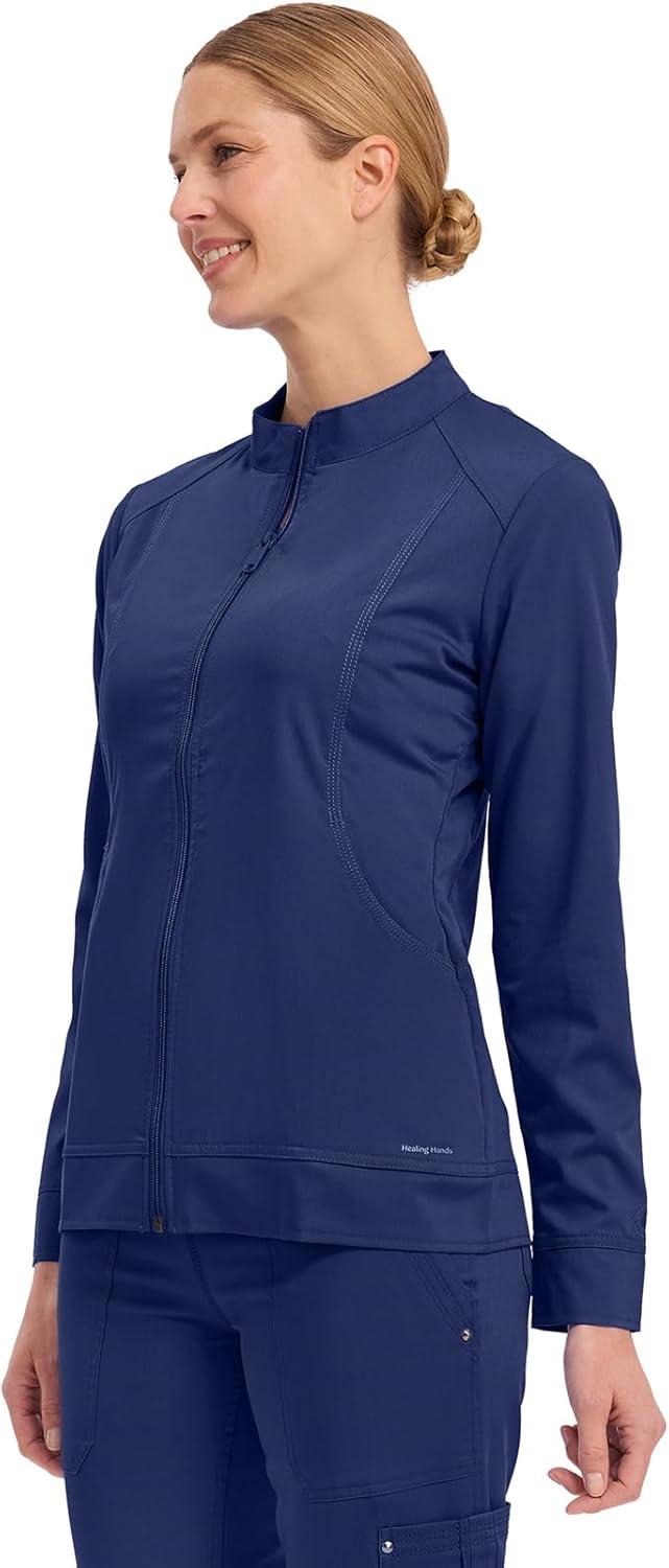 imageHealing Hands Womens Scrub Jacket ZipUp Front with 2Way Stretch Comfort amp Big Kangaroo Pockets 5038Navy