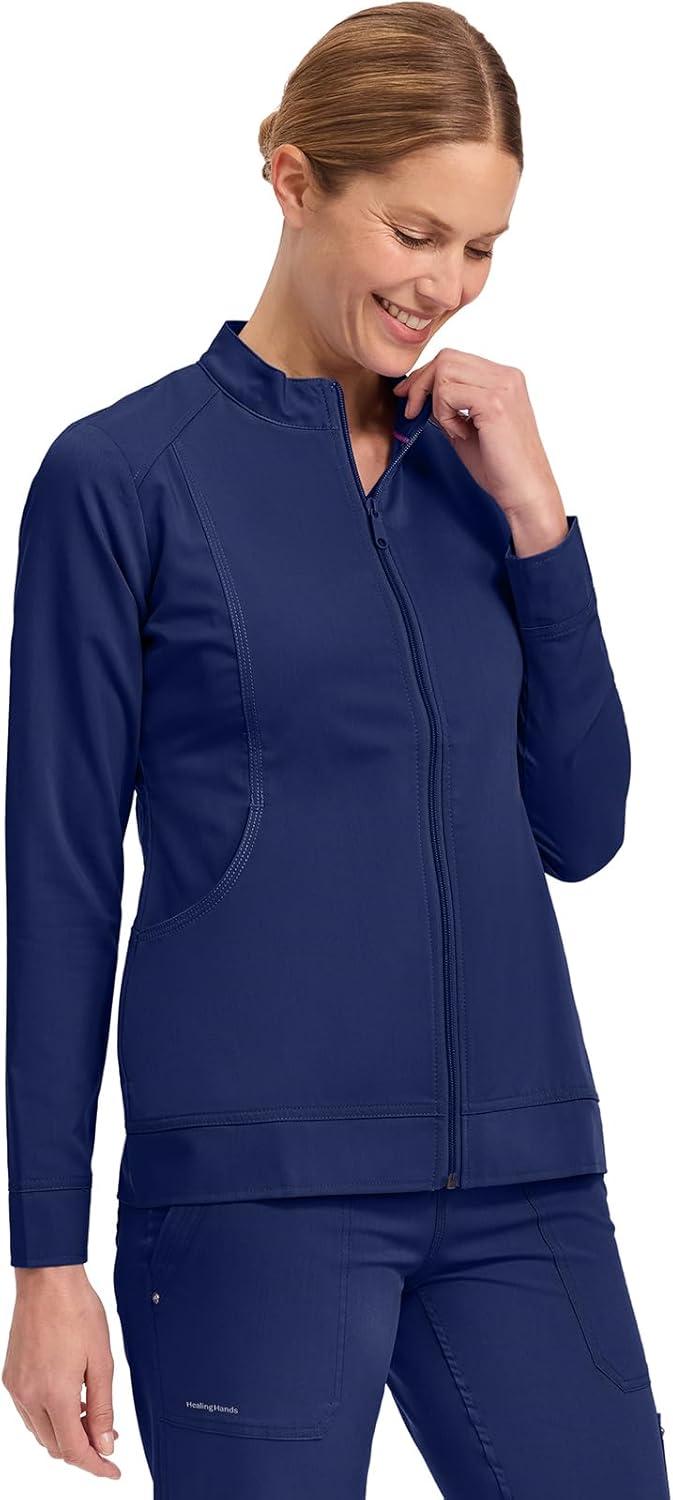 imageHealing Hands Womens Scrub Jacket ZipUp Front with 2Way Stretch Comfort amp Big Kangaroo Pockets 5038Navy