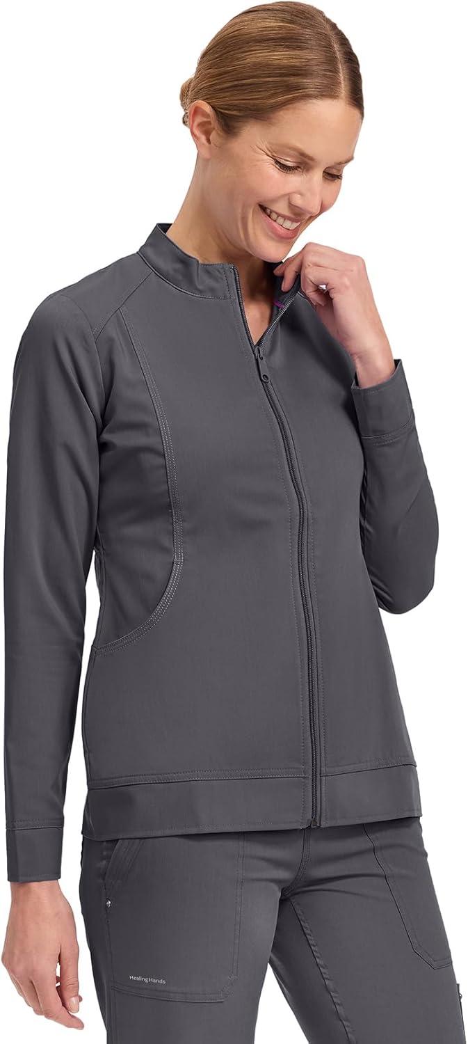 imageHealing Hands Womens Scrub Jacket ZipUp Front with 2Way Stretch Comfort amp Big Kangaroo Pockets 5038Pewter