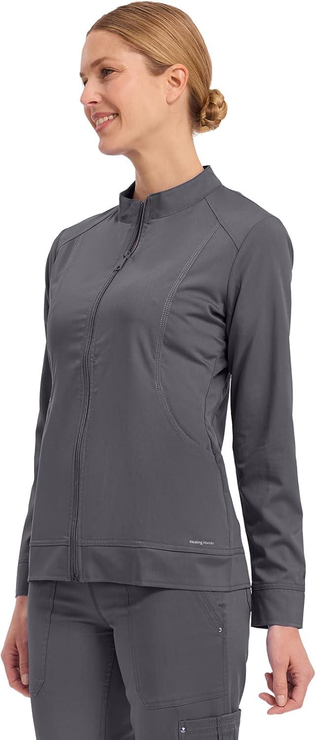 imageHealing Hands Womens Scrub Jacket ZipUp Front with 2Way Stretch Comfort amp Big Kangaroo Pockets 5038Pewter