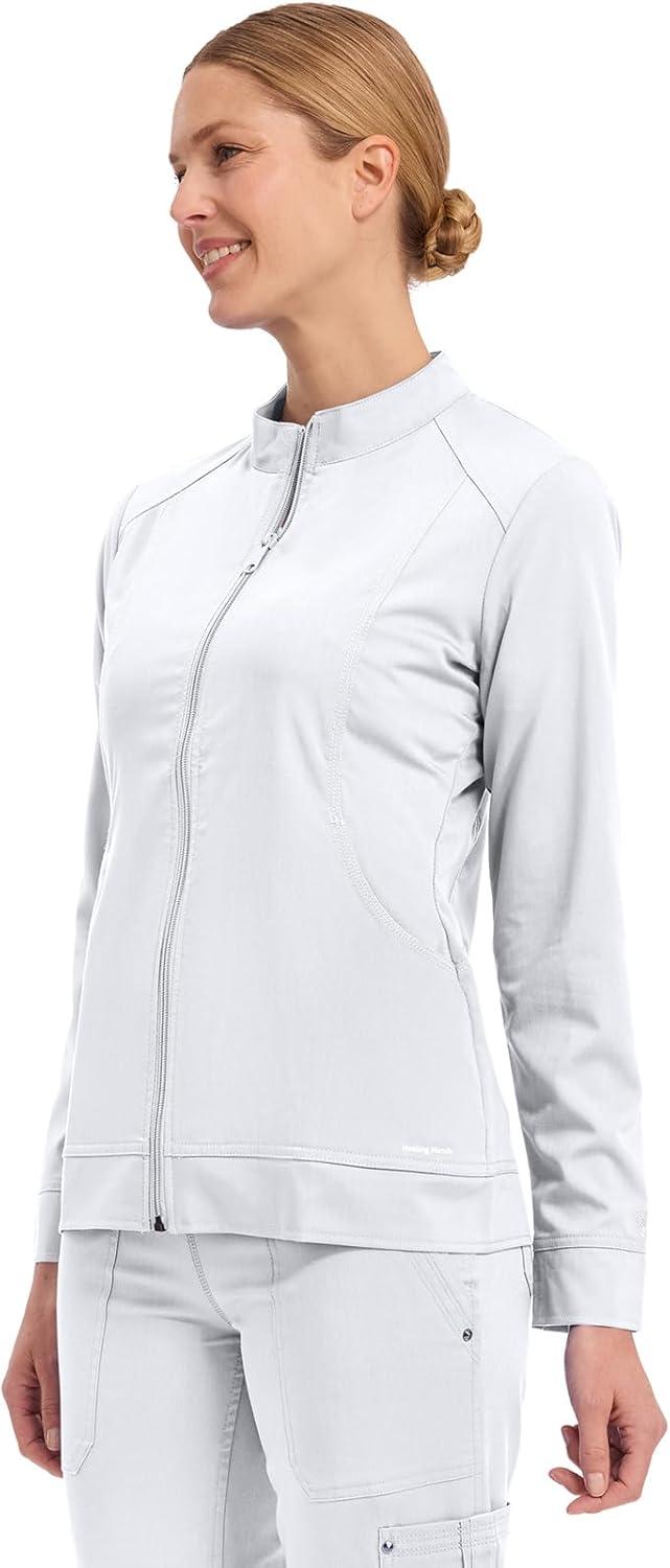 imageHealing Hands Womens Scrub Jacket ZipUp Front with 2Way Stretch Comfort amp Big Kangaroo Pockets 5038White