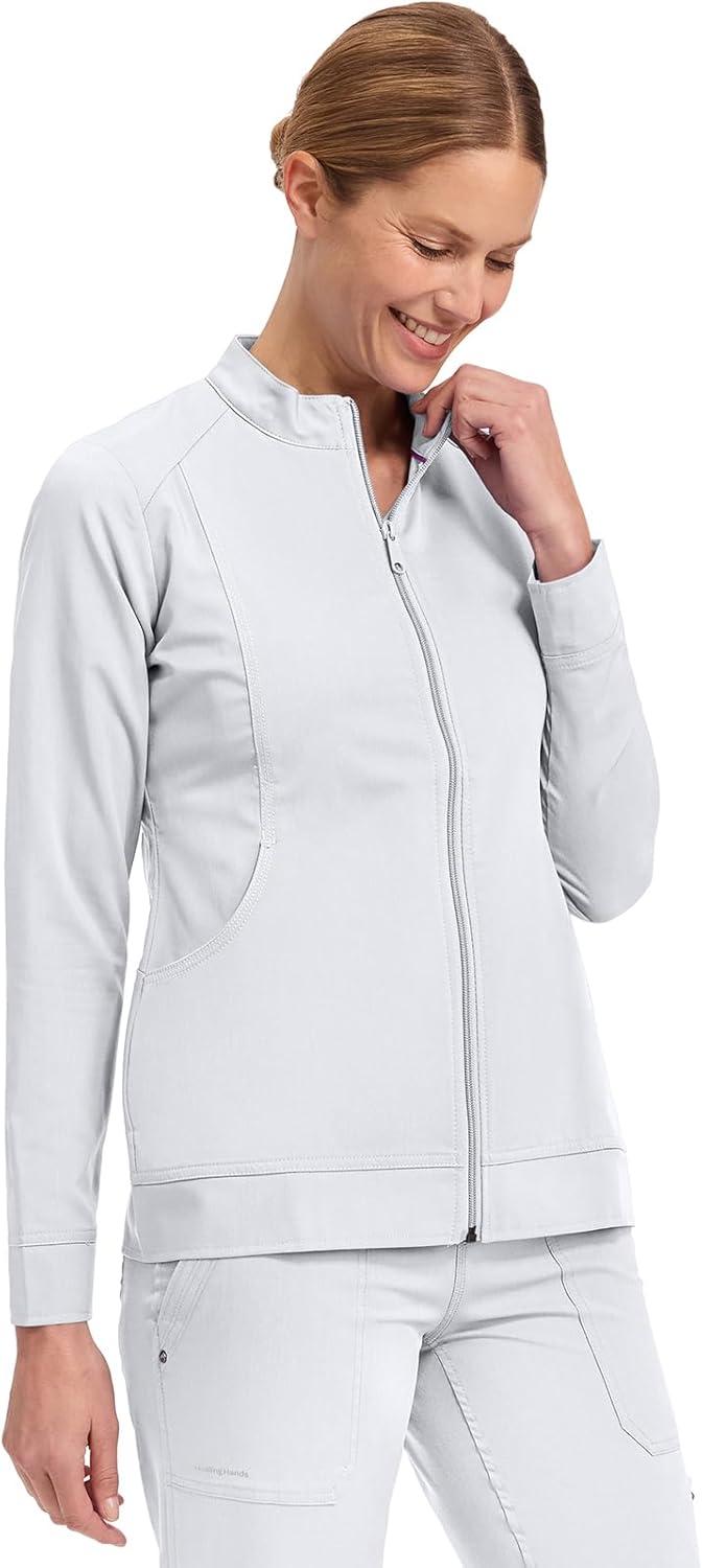 imageHealing Hands Womens Scrub Jacket ZipUp Front with 2Way Stretch Comfort amp Big Kangaroo Pockets 5038White