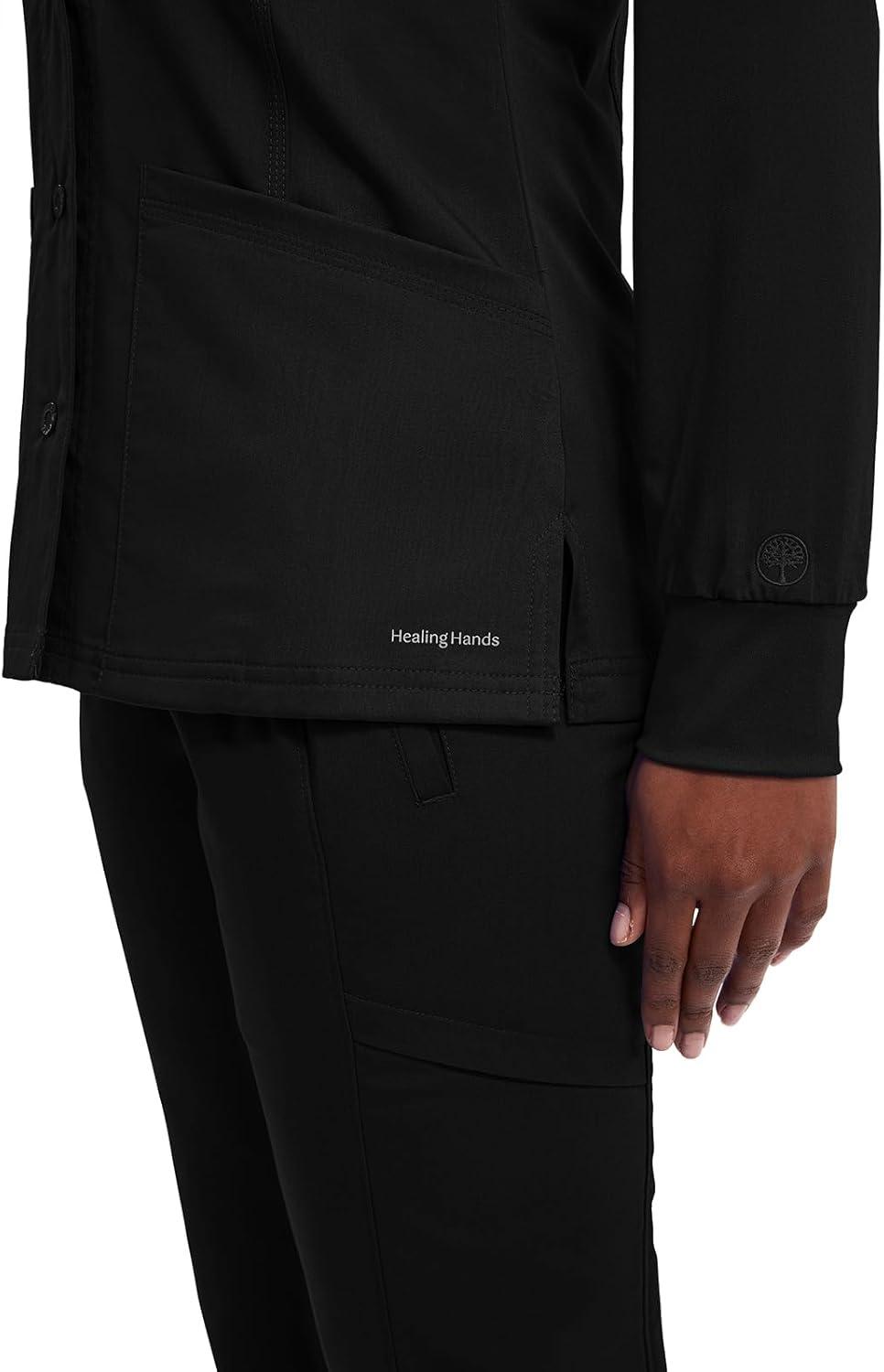 imageHealing Hands Womens Snap Front Scrub Jacket Daisy 2Way Stretch Uniform 5063Black