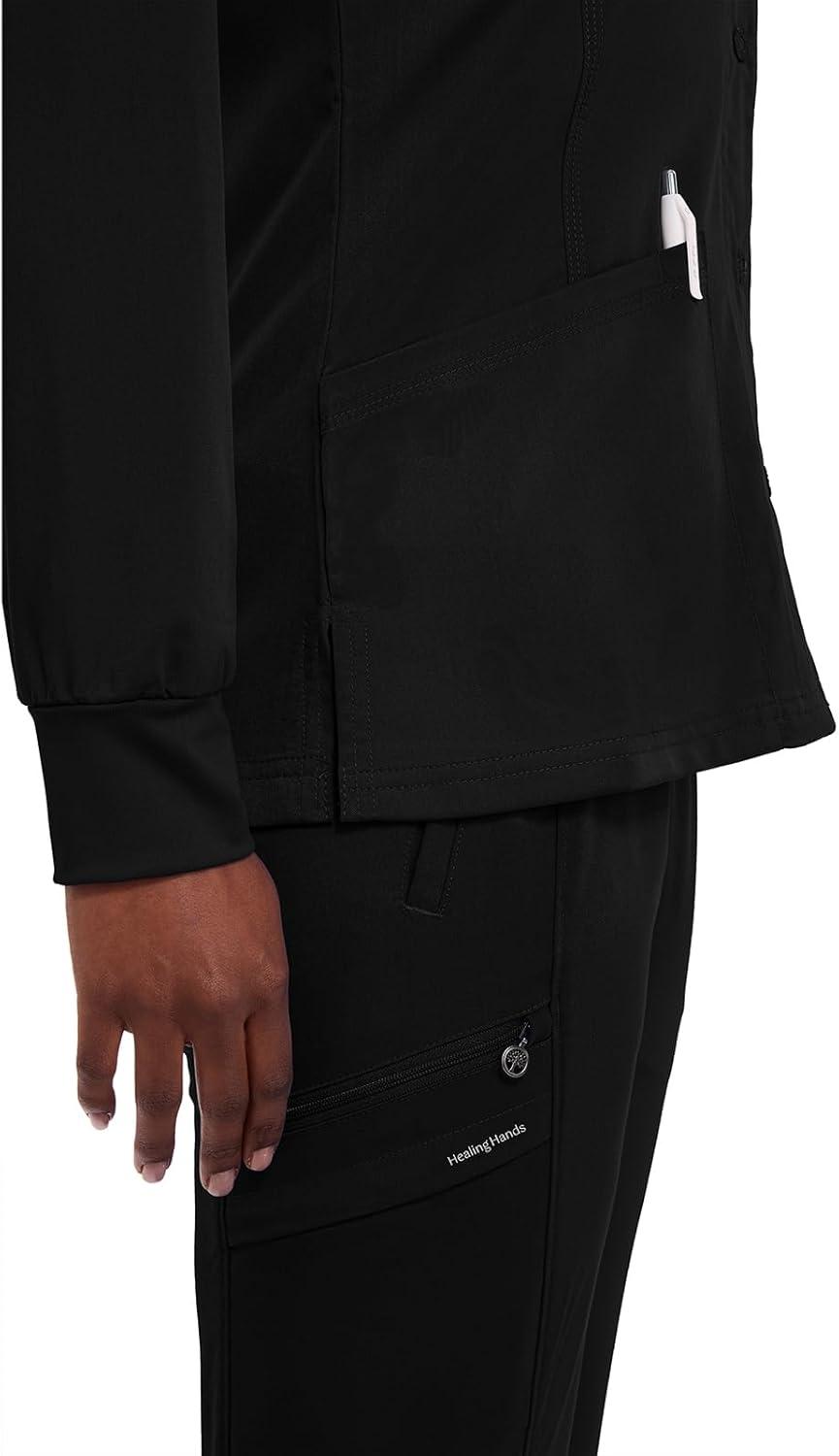 imageHealing Hands Womens Snap Front Scrub Jacket Daisy 2Way Stretch Uniform 5063Black