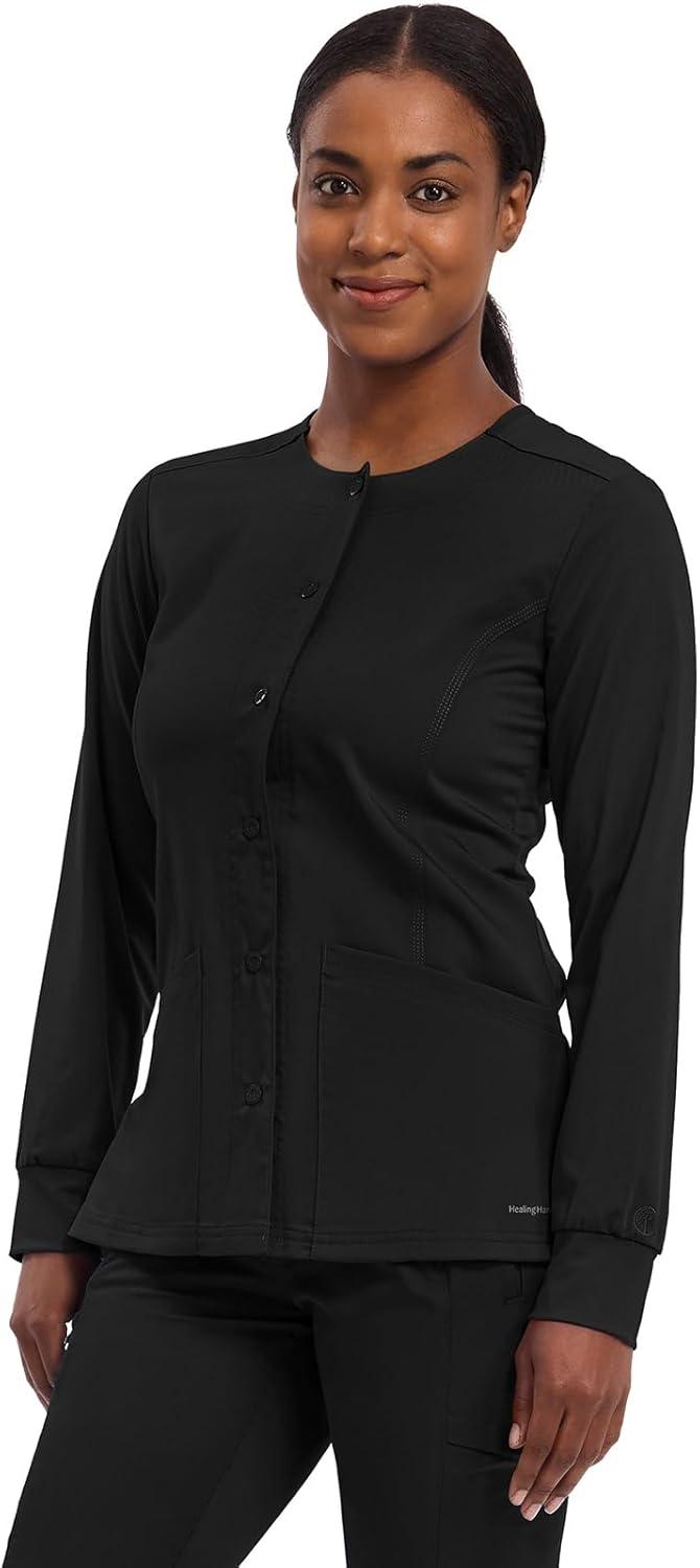 imageHealing Hands Womens Snap Front Scrub Jacket Daisy 2Way Stretch Uniform 5063Black
