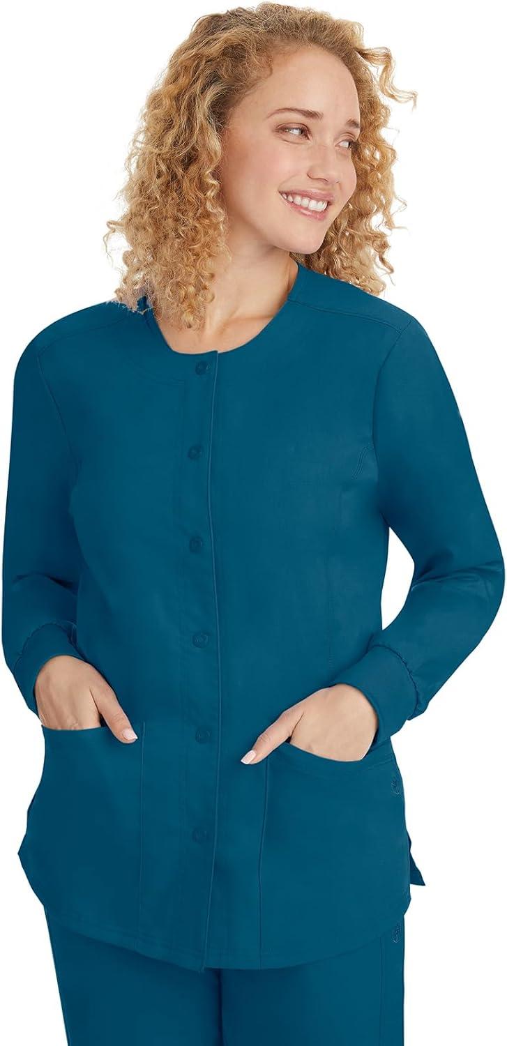 imageHealing Hands Womens Snap Front Scrub Jacket Daisy 2Way Stretch Uniform 5063Caribbean