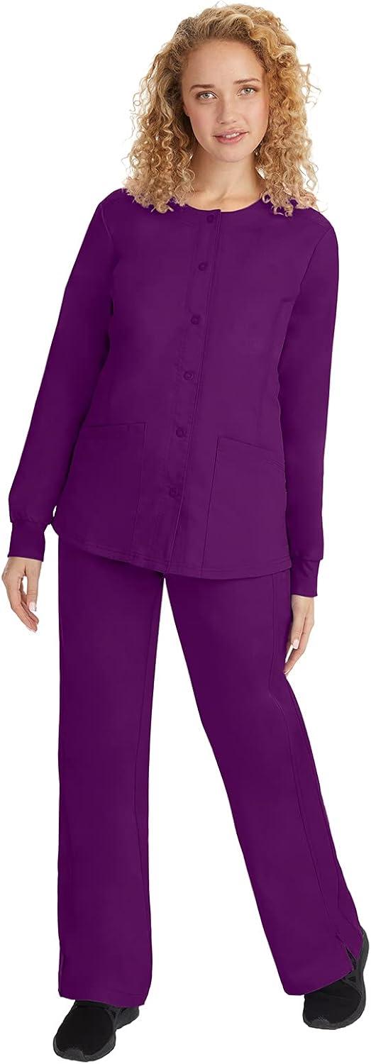 imageHealing Hands Womens Snap Front Scrub Jacket Daisy 2Way Stretch Uniform 5063Eggplant