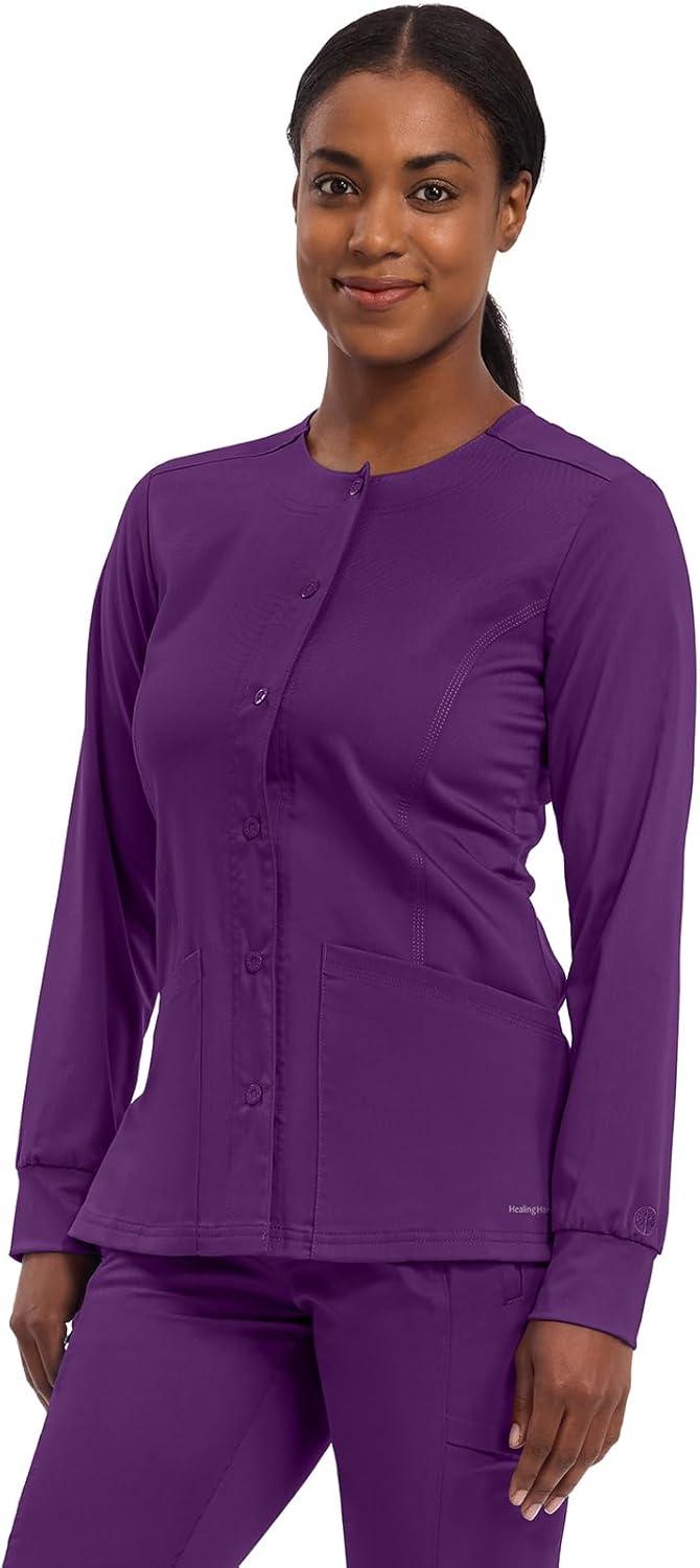 imageHealing Hands Womens Snap Front Scrub Jacket Daisy 2Way Stretch Uniform 5063Eggplant