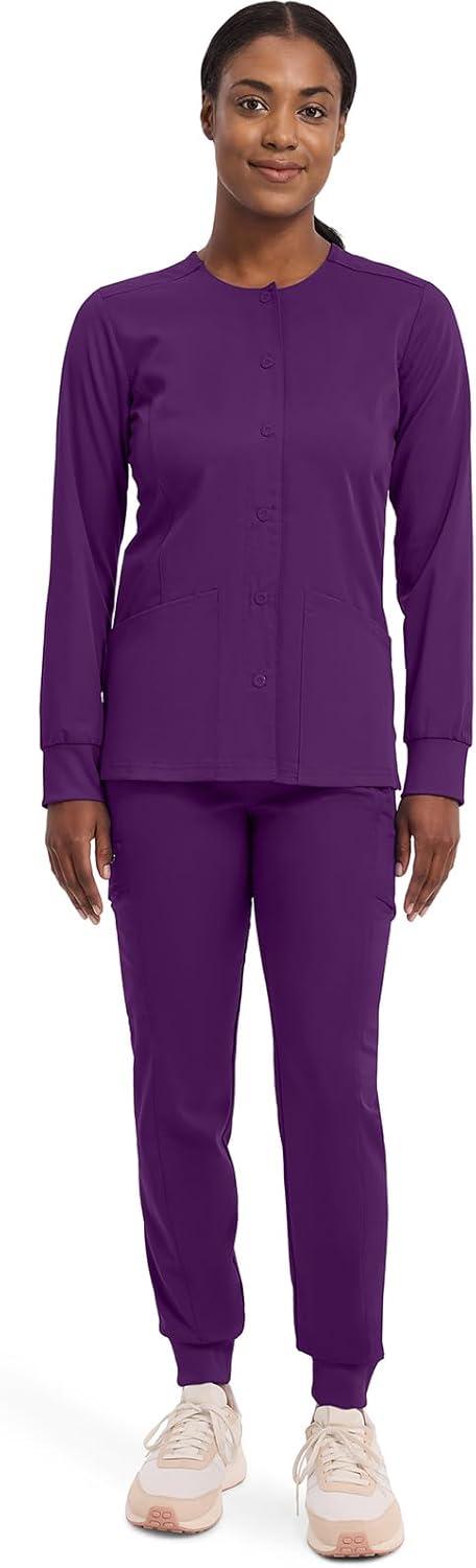imageHealing Hands Womens Snap Front Scrub Jacket Daisy 2Way Stretch Uniform 5063Eggplant