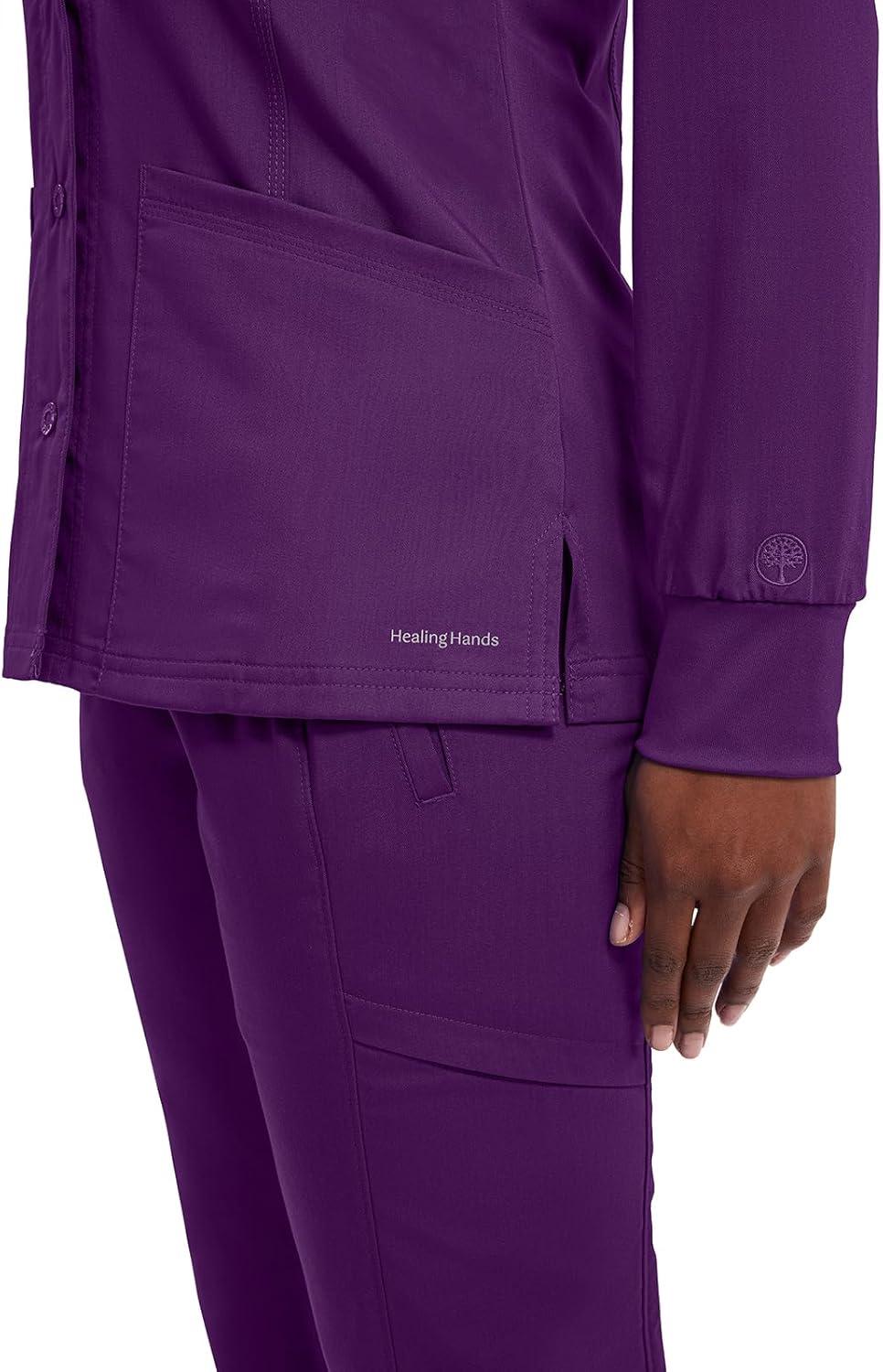 imageHealing Hands Womens Snap Front Scrub Jacket Daisy 2Way Stretch Uniform 5063Eggplant