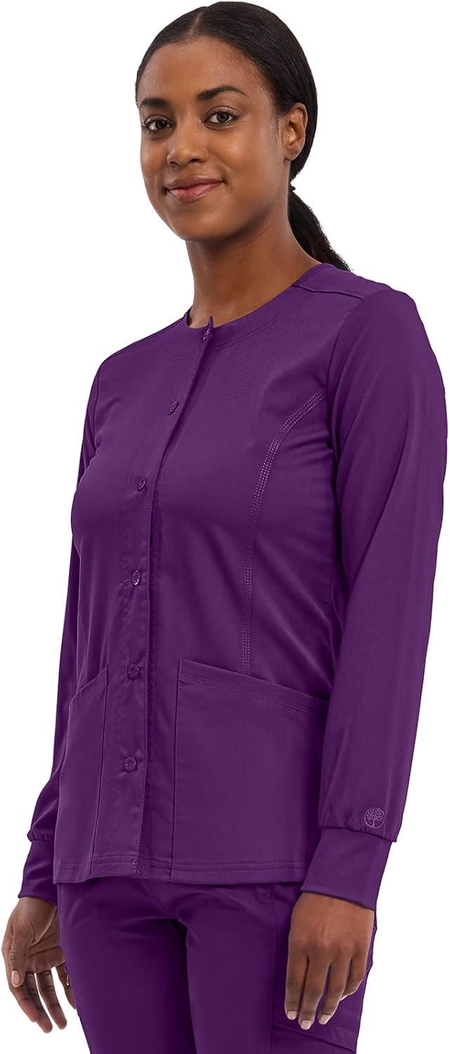 imageHealing Hands Womens Snap Front Scrub Jacket Daisy 2Way Stretch Uniform 5063Eggplant