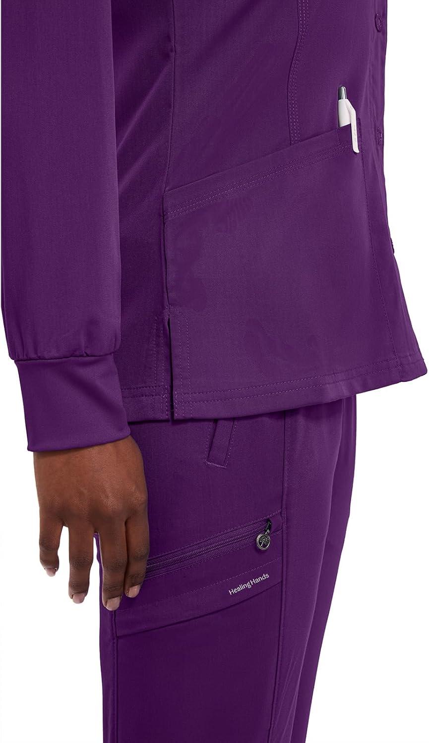 imageHealing Hands Womens Snap Front Scrub Jacket Daisy 2Way Stretch Uniform 5063Eggplant