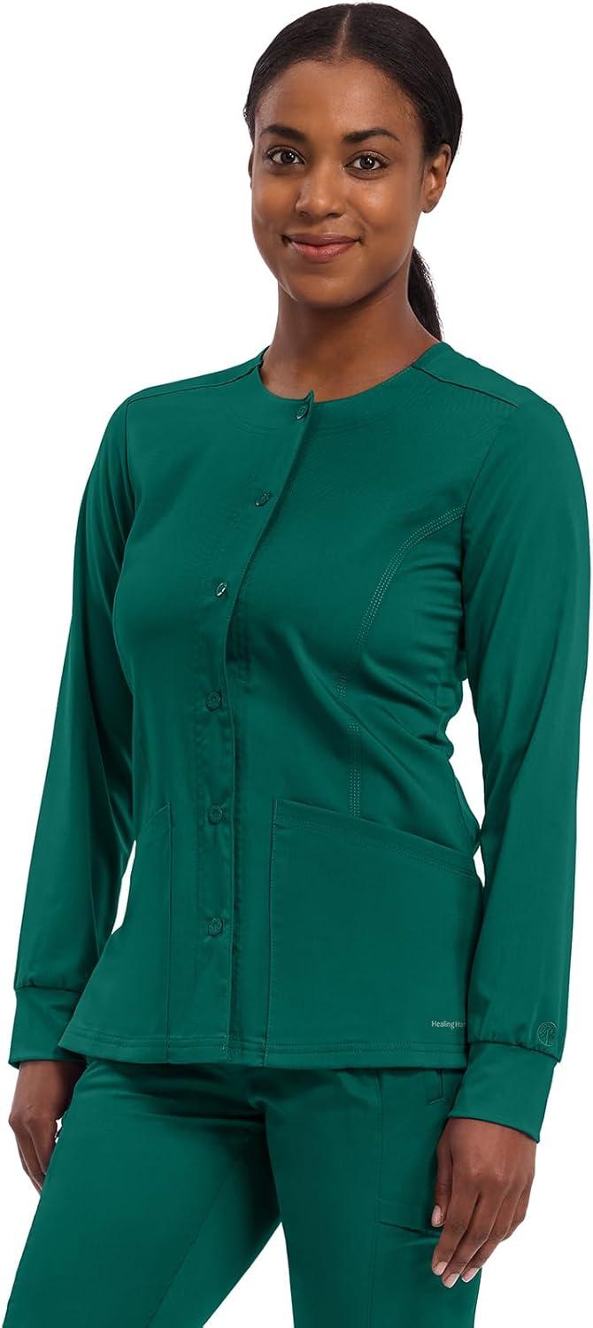 imageHealing Hands Womens Snap Front Scrub Jacket Daisy 2Way Stretch Uniform 5063Hunter
