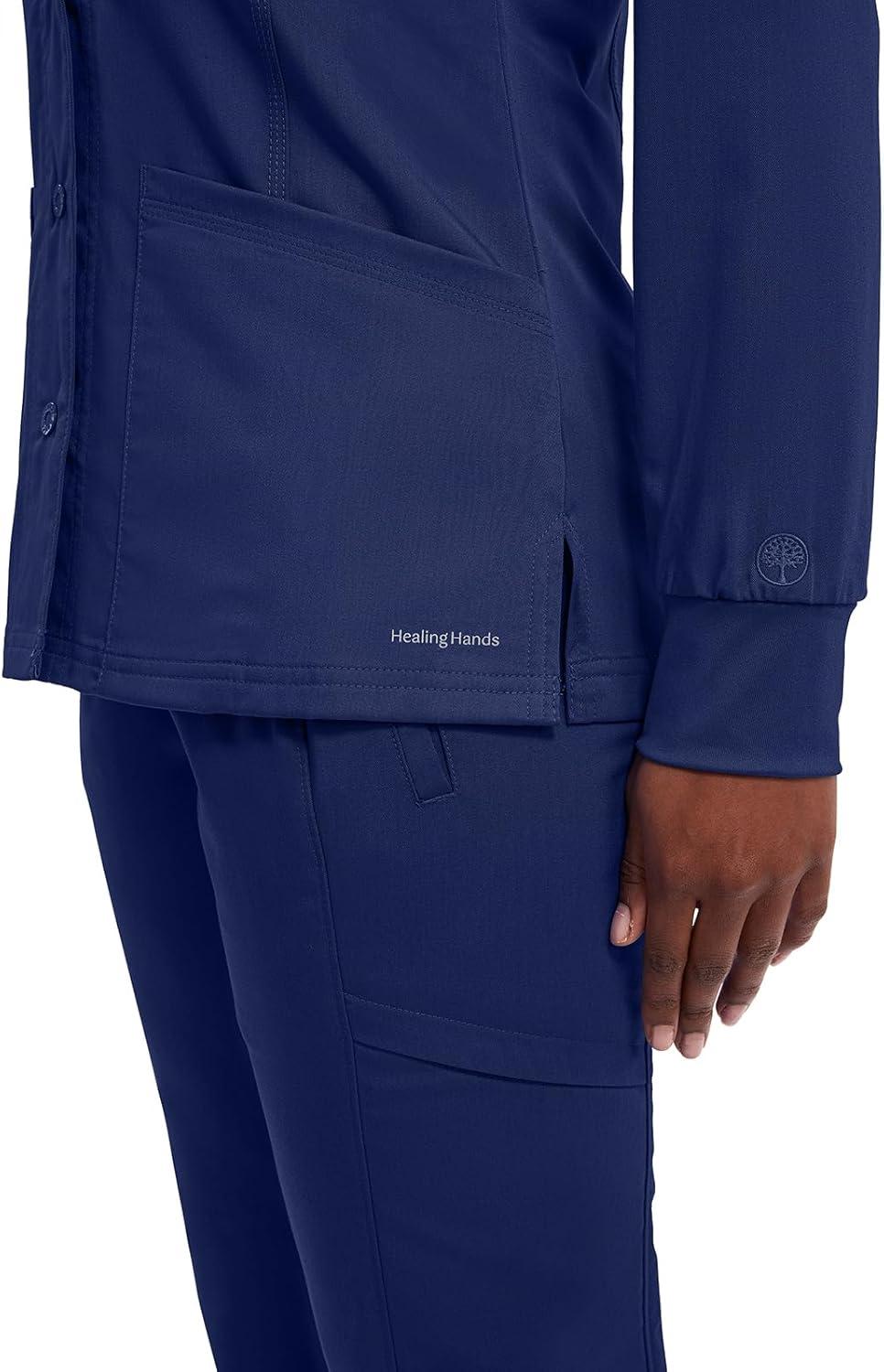 imageHealing Hands Womens Snap Front Scrub Jacket Daisy 2Way Stretch Uniform 5063Navy