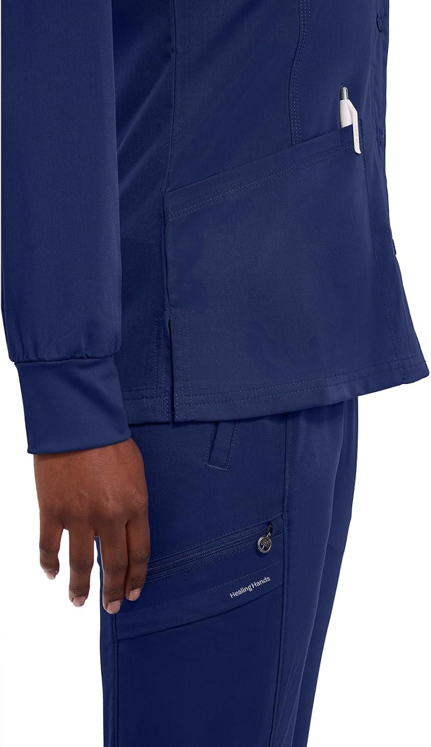 imageHealing Hands Womens Snap Front Scrub Jacket Daisy 2Way Stretch Uniform 5063Navy