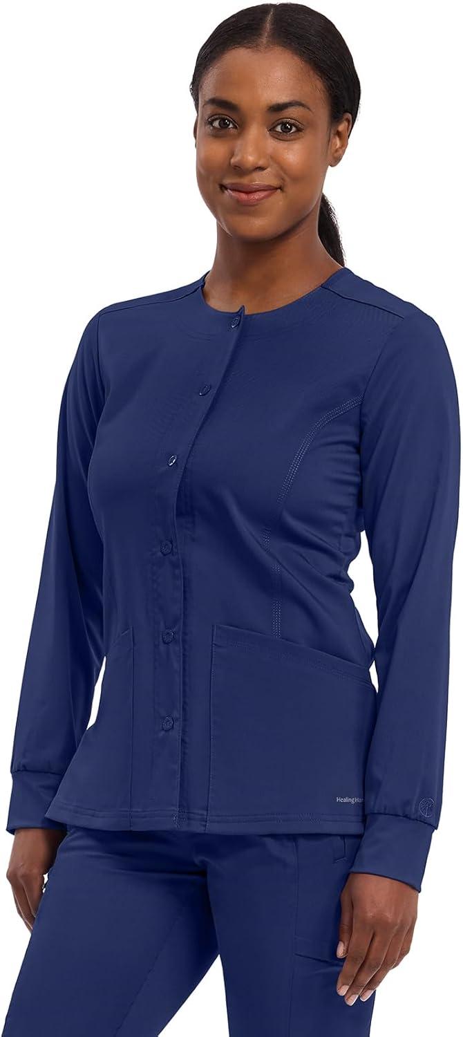 imageHealing Hands Womens Snap Front Scrub Jacket Daisy 2Way Stretch Uniform 5063Navy