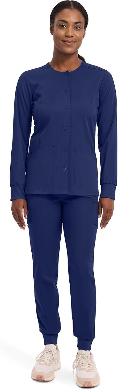 imageHealing Hands Womens Snap Front Scrub Jacket Daisy 2Way Stretch Uniform 5063Navy