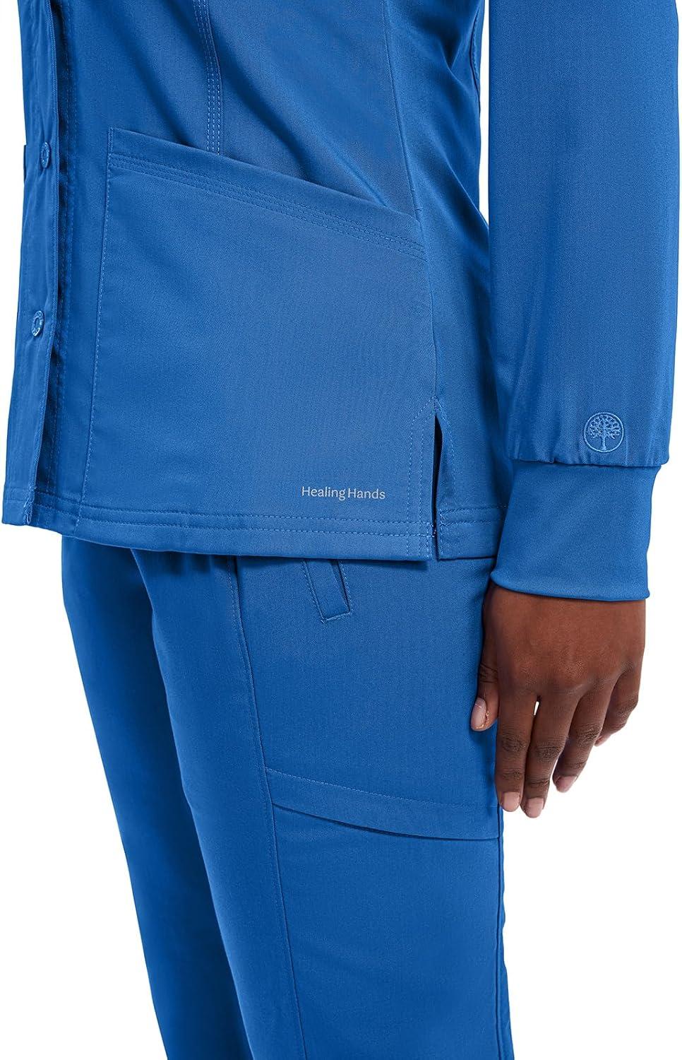 imageHealing Hands Womens Snap Front Scrub Jacket Daisy 2Way Stretch Uniform 5063Royal