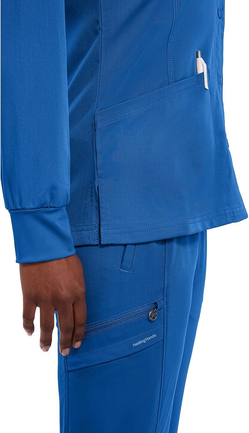imageHealing Hands Womens Snap Front Scrub Jacket Daisy 2Way Stretch Uniform 5063Royal