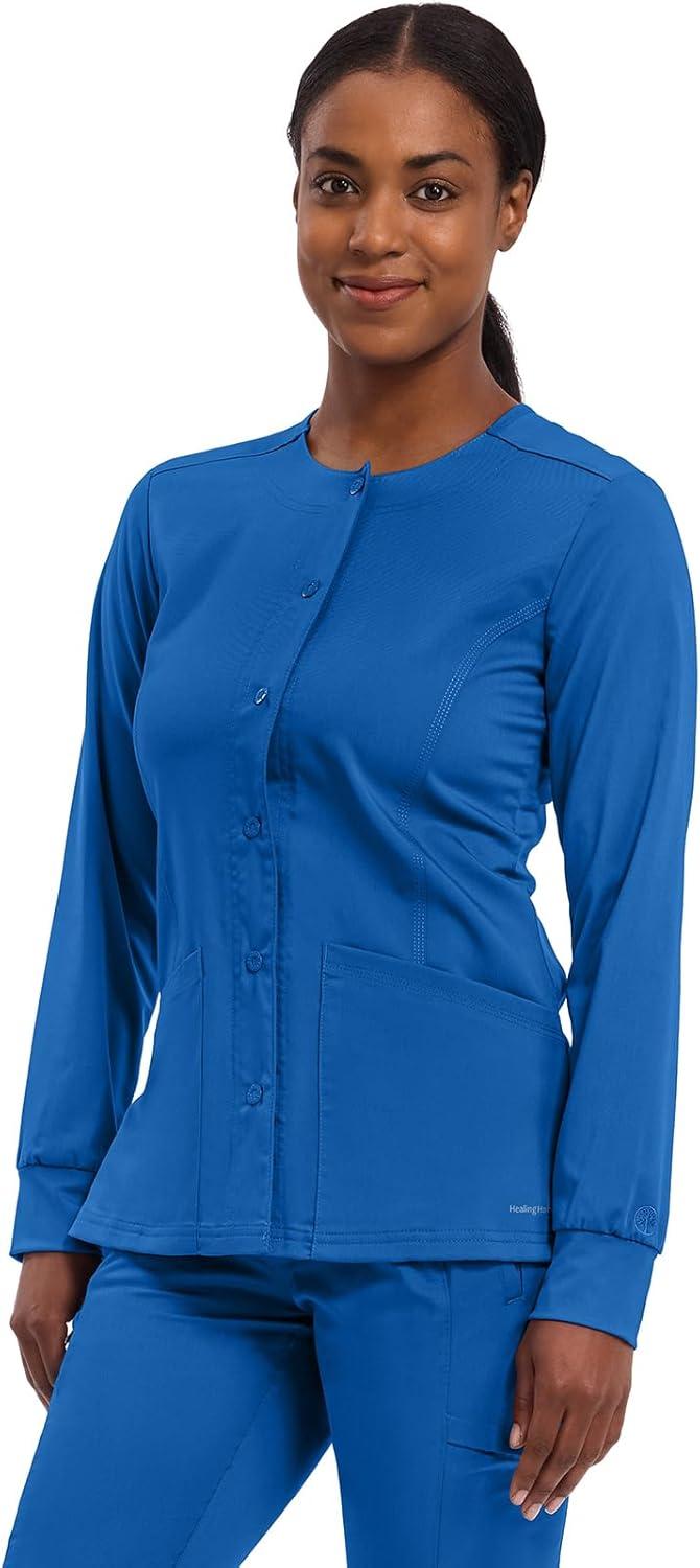 imageHealing Hands Womens Snap Front Scrub Jacket Daisy 2Way Stretch Uniform 5063Royal
