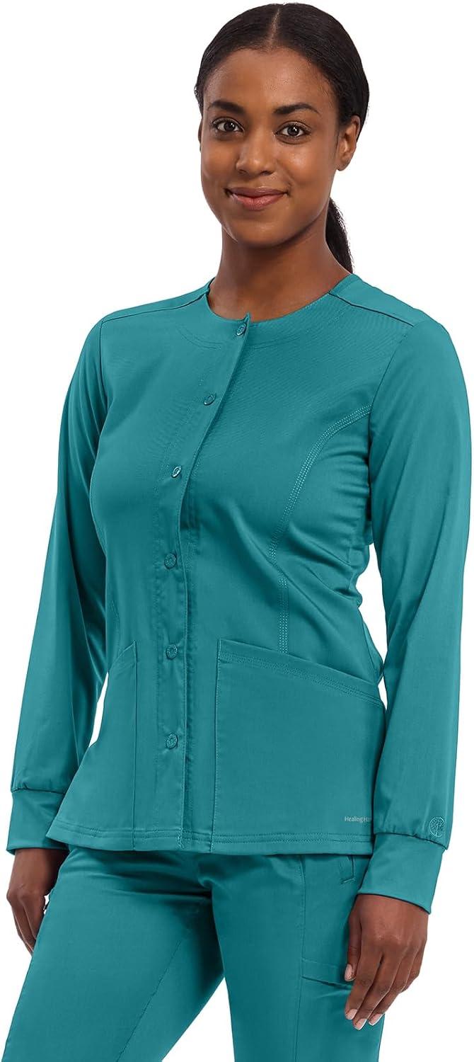 imageHealing Hands Womens Snap Front Scrub Jacket Daisy 2Way Stretch Uniform 5063Teal