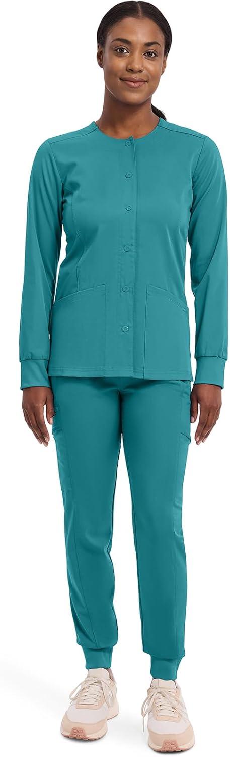 imageHealing Hands Womens Snap Front Scrub Jacket Daisy 2Way Stretch Uniform 5063Teal