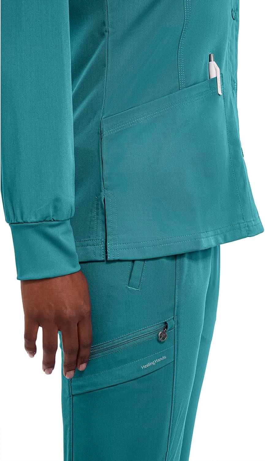 imageHealing Hands Womens Snap Front Scrub Jacket Daisy 2Way Stretch Uniform 5063Teal