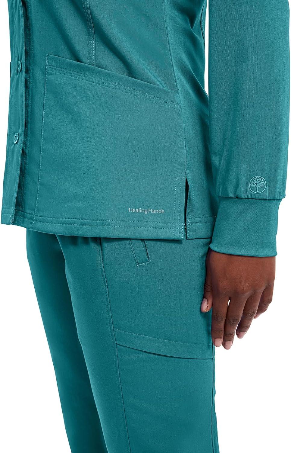 imageHealing Hands Womens Snap Front Scrub Jacket Daisy 2Way Stretch Uniform 5063Teal