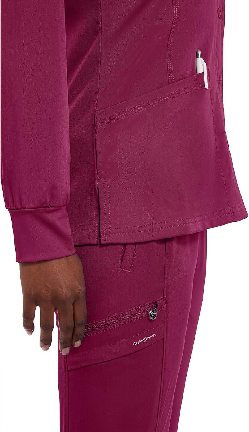imageHealing Hands Womens Snap Front Scrub Jacket Daisy 2Way Stretch Uniform 5063Wine