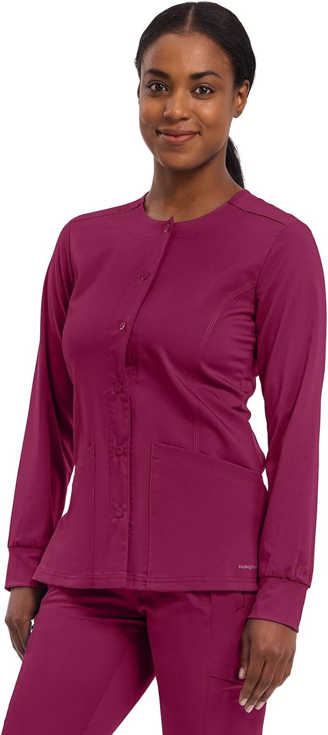 imageHealing Hands Womens Snap Front Scrub Jacket Daisy 2Way Stretch Uniform 5063Wine