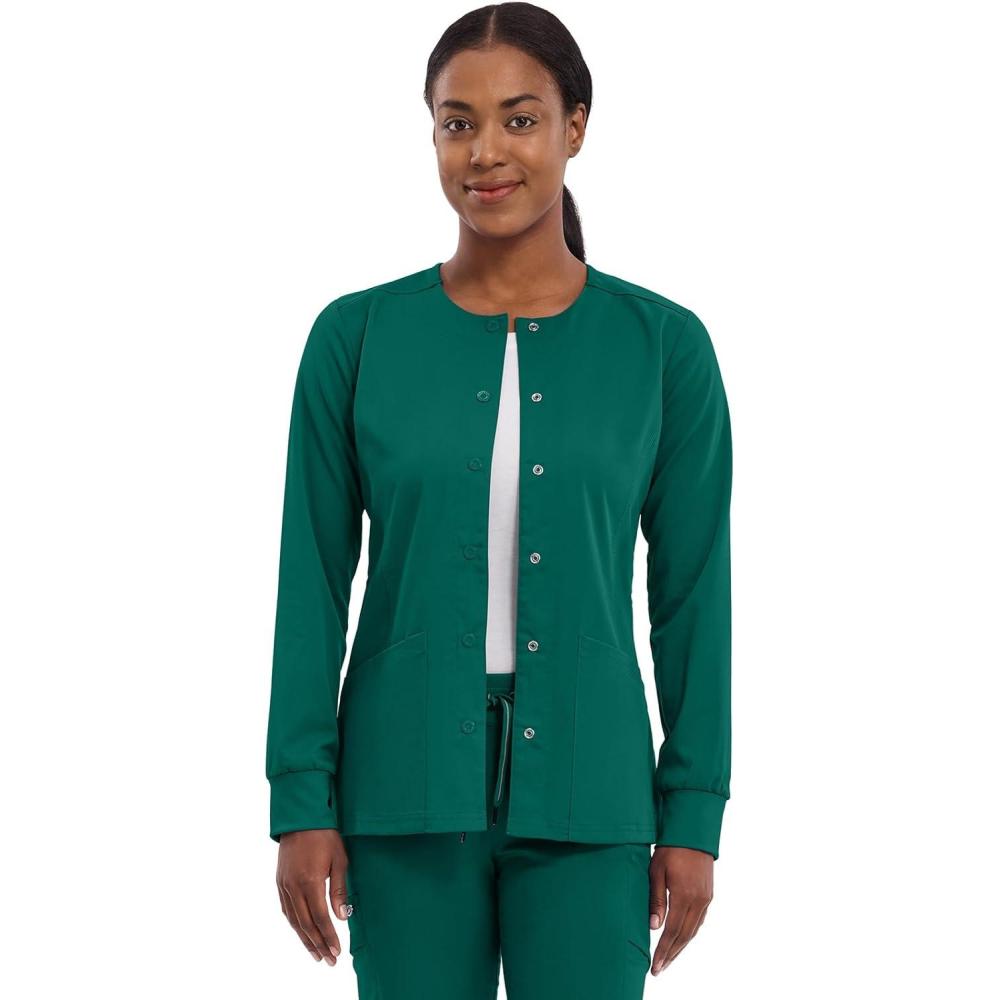imageHealing Hands Womens Snap Front Scrub Jacket Daisy 2Way Stretch Uniform 5063Hunter