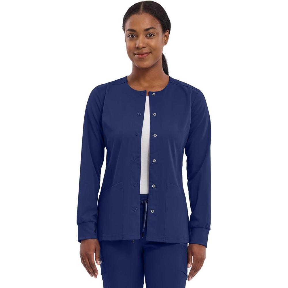 imageHealing Hands Womens Snap Front Scrub Jacket Daisy 2Way Stretch Uniform 5063Navy