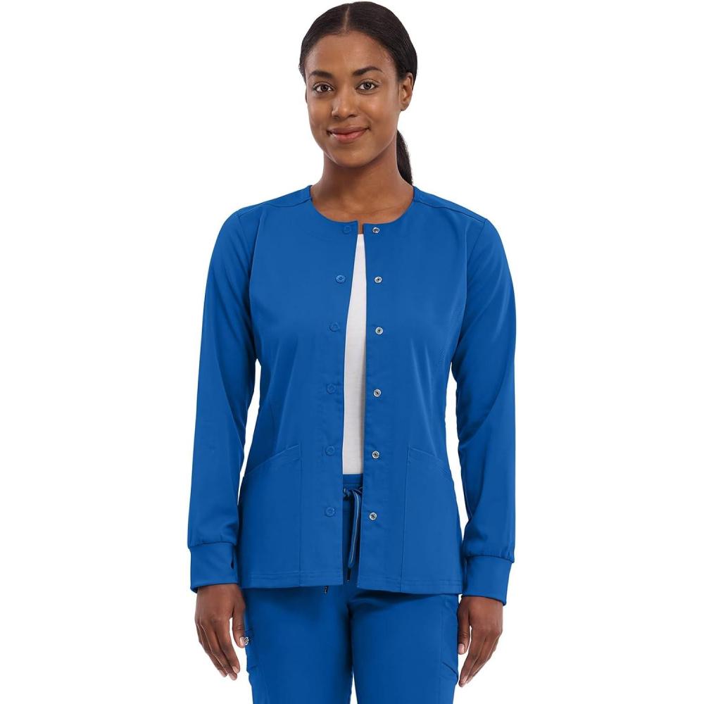 imageHealing Hands Womens Snap Front Scrub Jacket Daisy 2Way Stretch Uniform 5063Royal