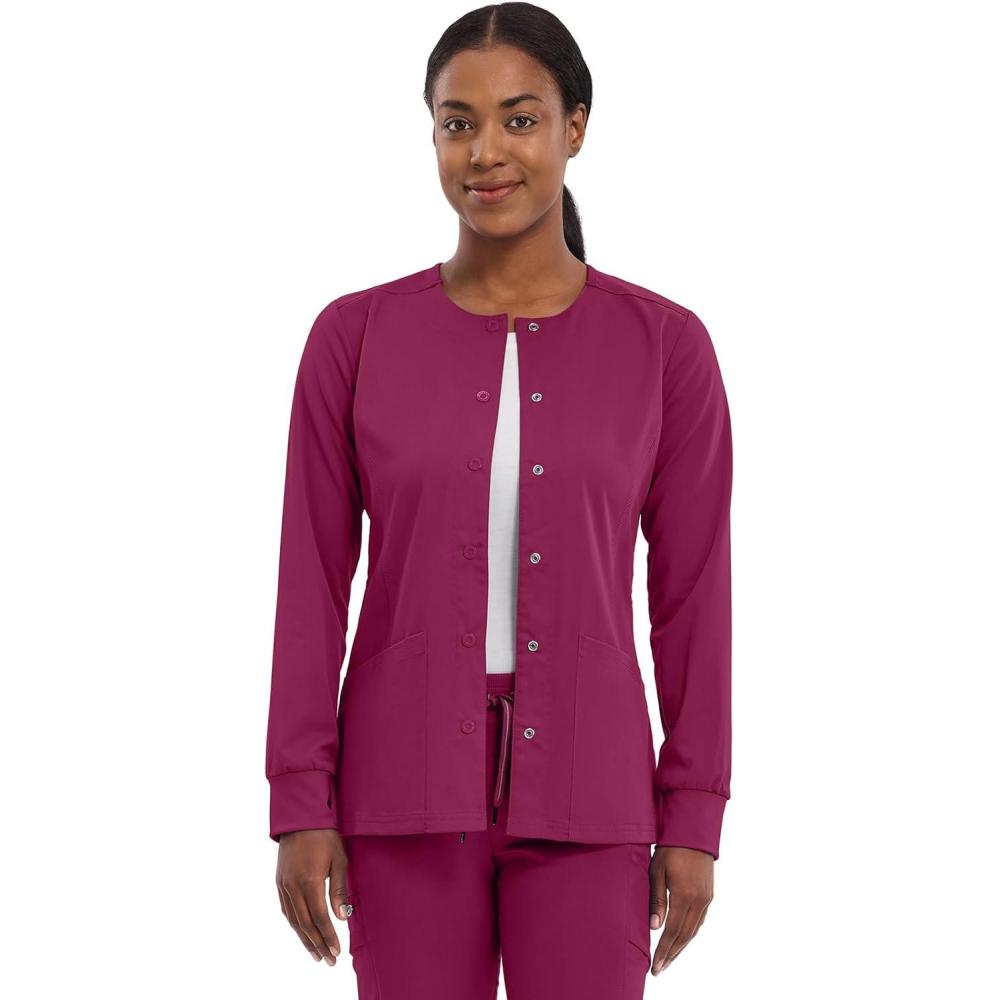 imageHealing Hands Womens Snap Front Scrub Jacket Daisy 2Way Stretch Uniform 5063Wine