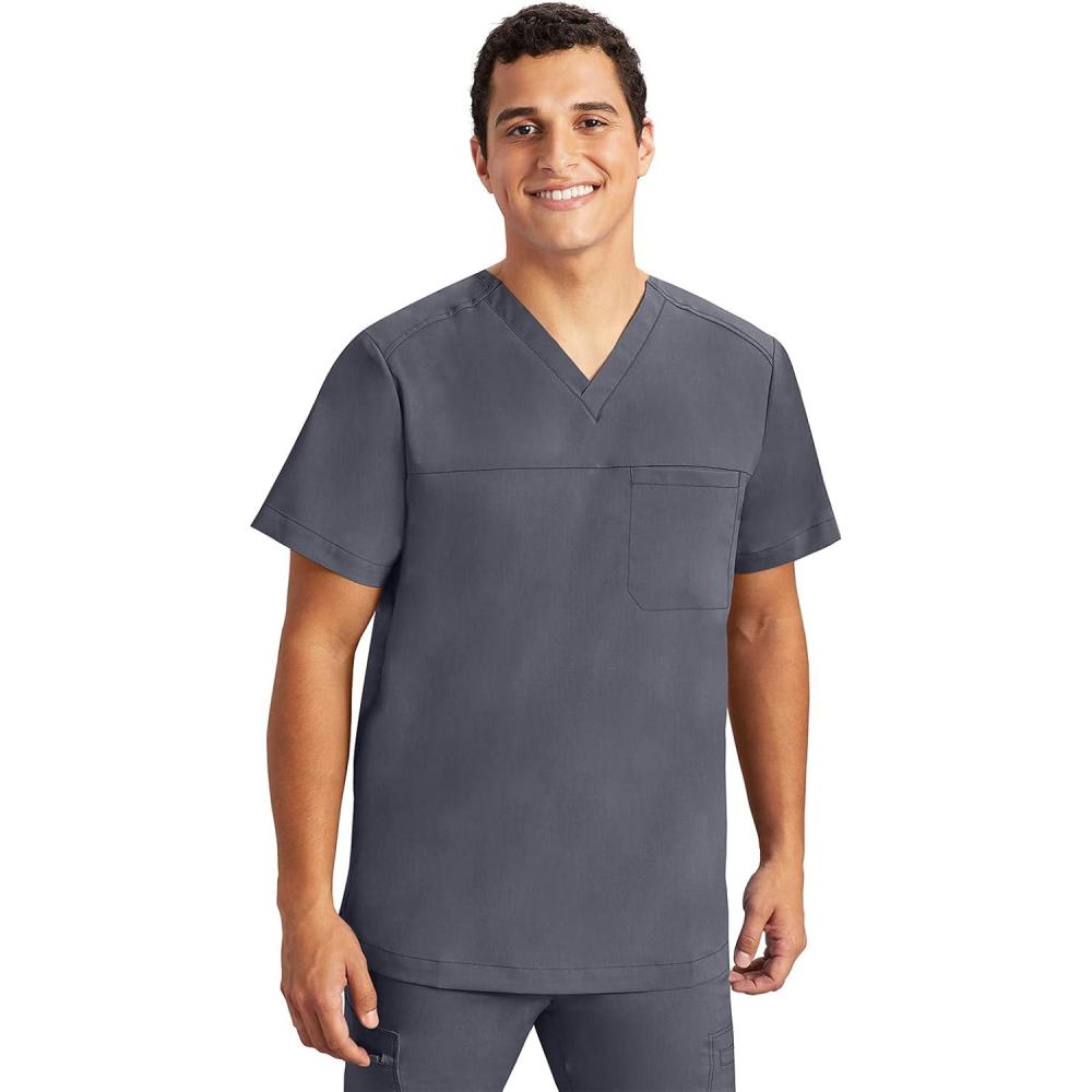 imageHealing Hands Mens Scrub Top Justin VNeck Modern Fit with Chest amp Sleeve Pocket Easy Care Stretch Fabric 2330Pewter