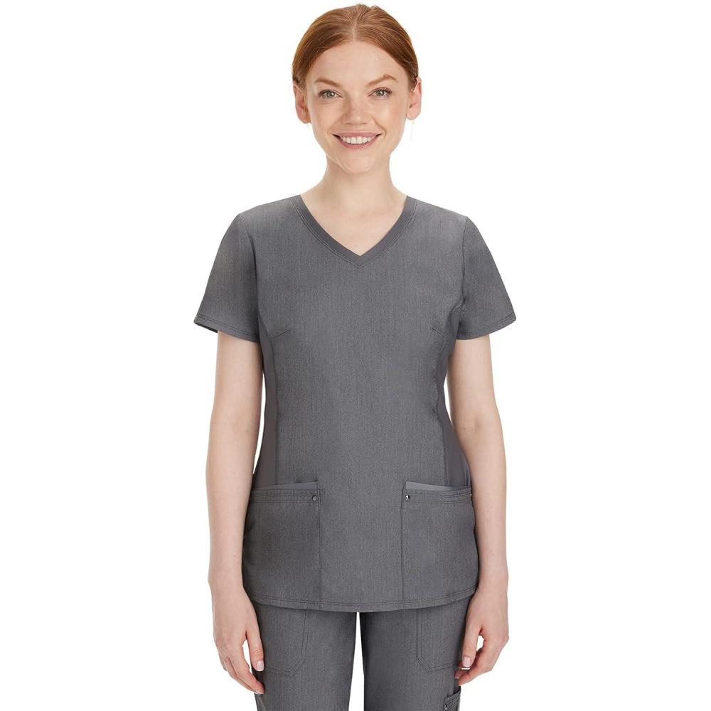 imageHealing Hands Womens Scrub Top VNeck with 2 Pockets 2Way Stretch and Yoga Knit Side Panels for Slim Fit 2245Heather Grey