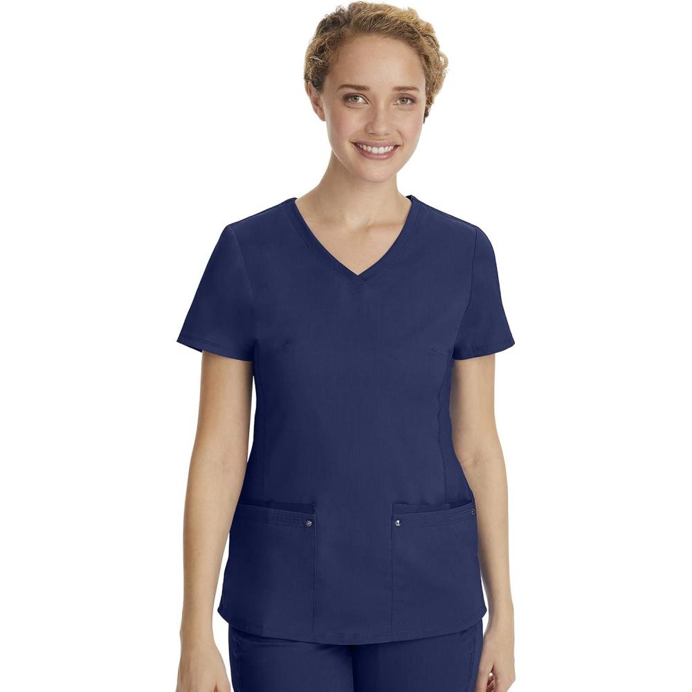 imageHealing Hands Womens Scrub Top VNeck with 2 Pockets 2Way Stretch and Yoga Knit Side Panels for Slim Fit 2245Navy