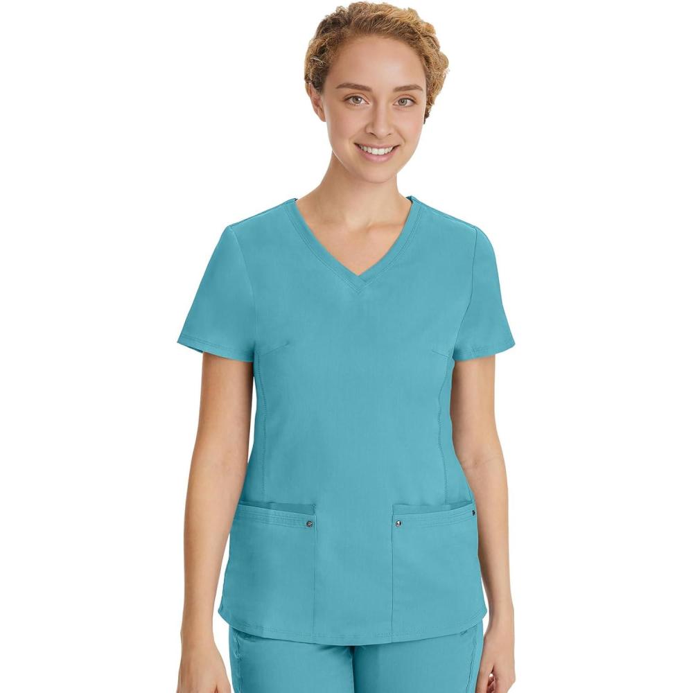 imageHealing Hands Womens Scrub Top VNeck with 2 Pockets 2Way Stretch and Yoga Knit Side Panels for Slim Fit 2245Spectra Blue