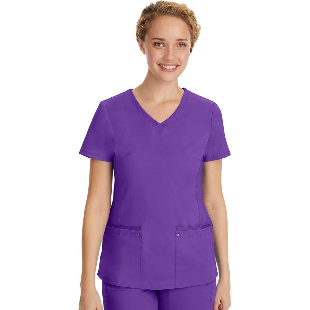 imageHealing Hands Womens Scrub Top VNeck with 2 Pockets 2Way Stretch and Yoga Knit Side Panels for Slim Fit 2245True Grape