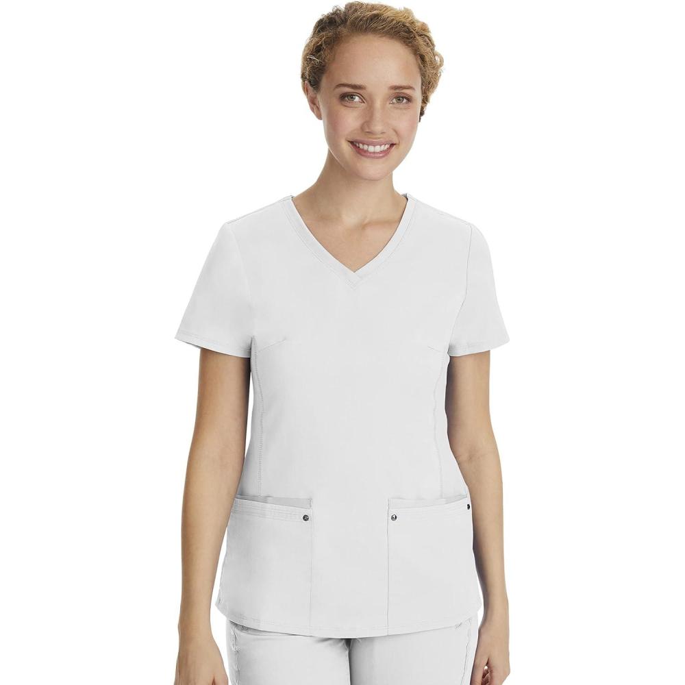 imageHealing Hands Womens Scrub Top VNeck with 2 Pockets 2Way Stretch and Yoga Knit Side Panels for Slim Fit 2245White