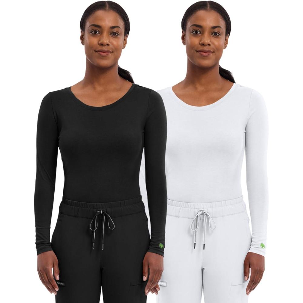 imageHealing Hands Womens Underscrub Soft Knit Melissa Longsleeve Scrub Tee with Breathable amp Easy Care Fabric 5047Black  White  2 Pack