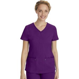 Healing Hands Women’s Scrub Top V-Neck with 2 Pockets, 2-Way Stretch, and Yoga Knit Side Panels for Slim Fit- 2245(Eggplant)