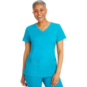 Healing Hands Women’s Scrub Top V-Neck with 2 Pockets, 2-Way Stretch, and Yoga Knit Side Panels for Slim Fit- 2245(Teal)