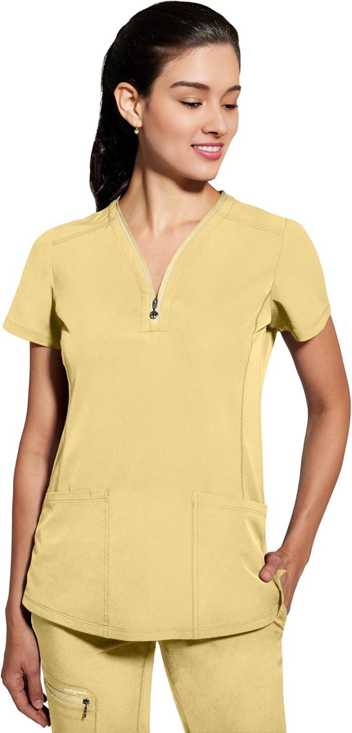 imageHealing Hands Scrub Top for Women Sonia Top with 3 Pockets Moisture Wicking 360 Stretch amp Recycled Fibers 2274Sunray Yellow