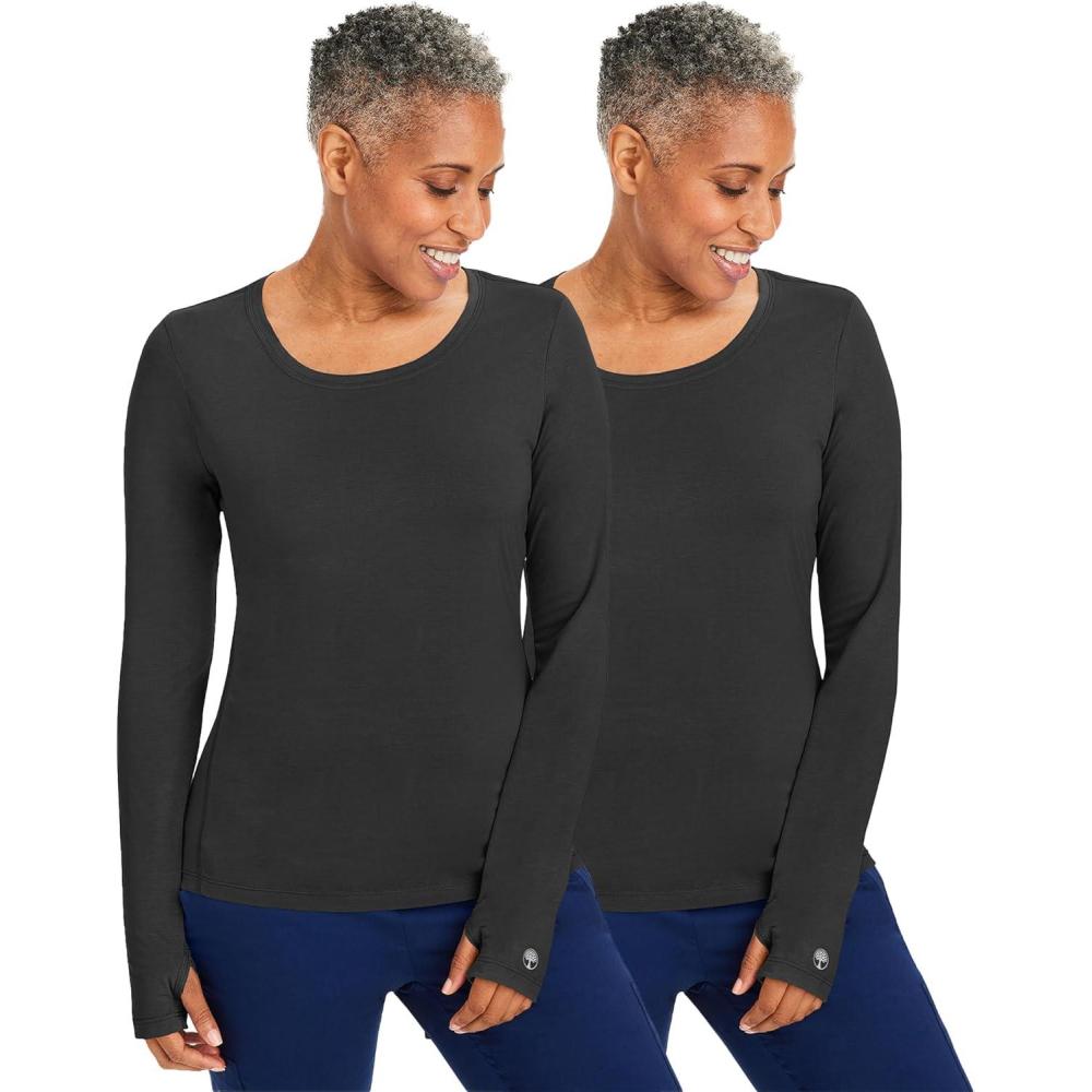imageHealing Hands Mackenzie Womens Underscrub Long Sleeve Tee with Thumbholes Modern Fit Undershirt 5051Black 2 Pack