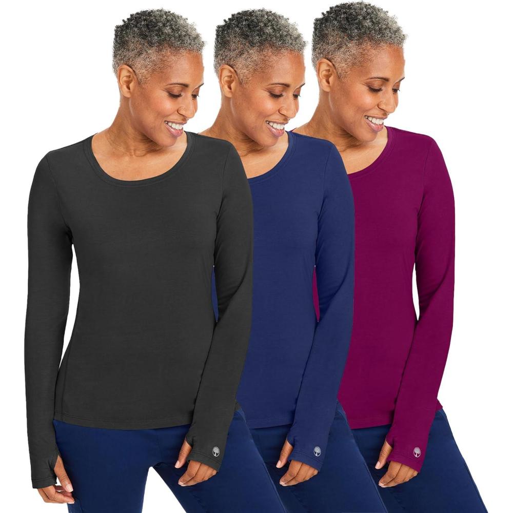 imageHealing Hands Mackenzie Womens Underscrub Long Sleeve Tee with Thumbholes Modern Fit Undershirt 5051Black  Navy  Wine  3 Pack